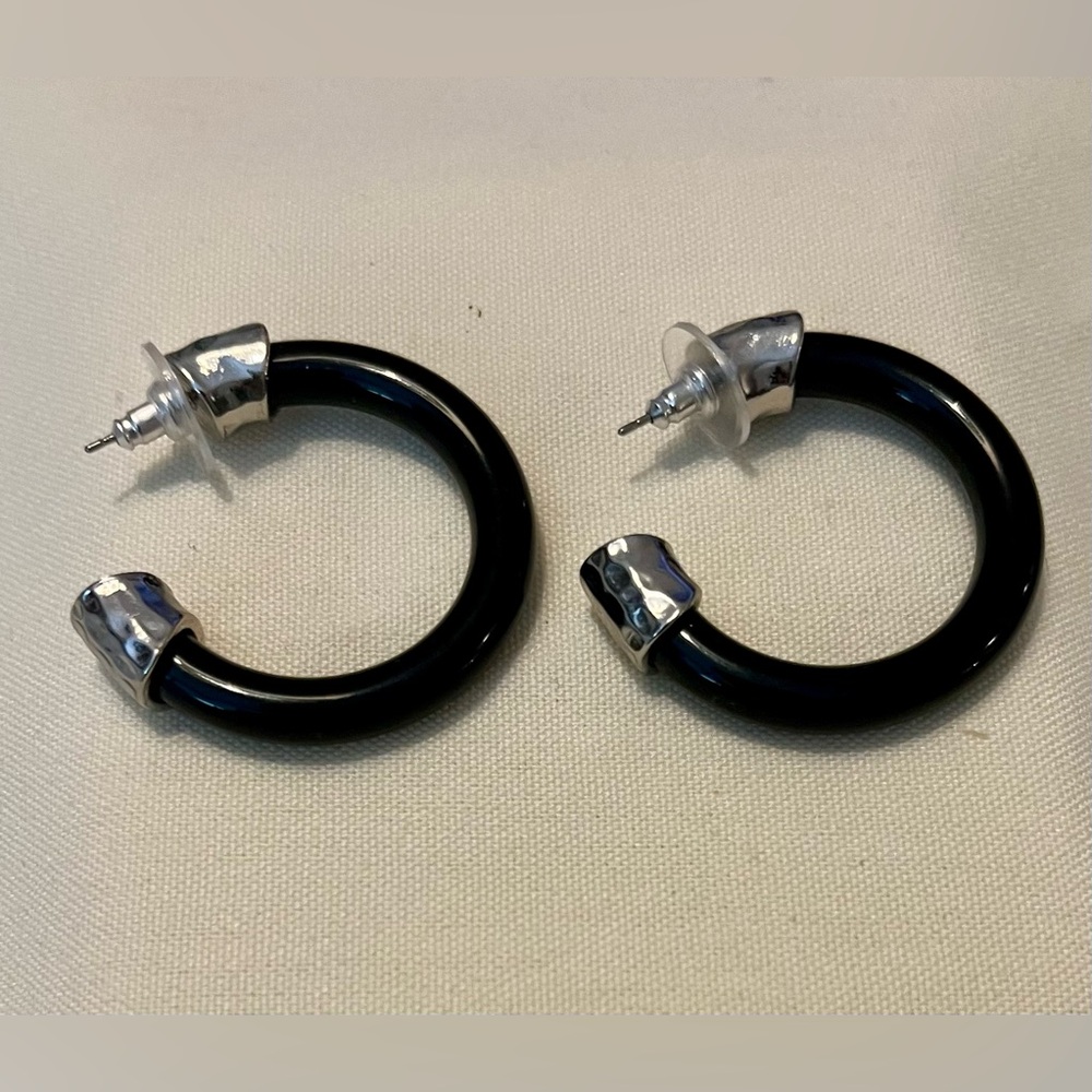 Black and Silver Hoop Earrings - Picture 2 of 16